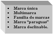 Cuadro de texto: 	Marca nica
	Multimarca
	Familia de marcas
	Marca paraguas
	Marca declinable.
